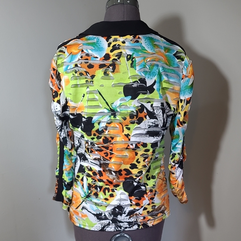 Joseph Ribkoff Vibrant Print Zipper Blouse Jacket Top Black Trim - Picture 6 of 9